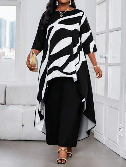 SHEIN Lady 2025 New Clothing 2 Pieces Set Plus Size Women's Business Commuting Contrast Color Print Asymmetrical Hem Top And Pants Set Elegant Summer Women's Resort Wear Plus Size 2 Pieces Set Women Fall Women Clothes