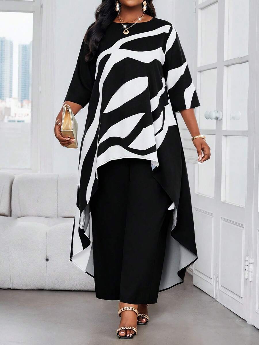 SHEIN Lady Bộ quần áo 2 món cỡ lớn 2025 dành cho nữ, mặc đi làm, đi chơi, công sở, in họa tiết màu tương phản, viền áo bất đối xứng, trang phục nghỉ dưỡng mùa hè thanh lịch dành cho nữ, cỡ lớn, bộ 2 món thời trang thu đông cho nữ - Đen và trắng - Xem 1