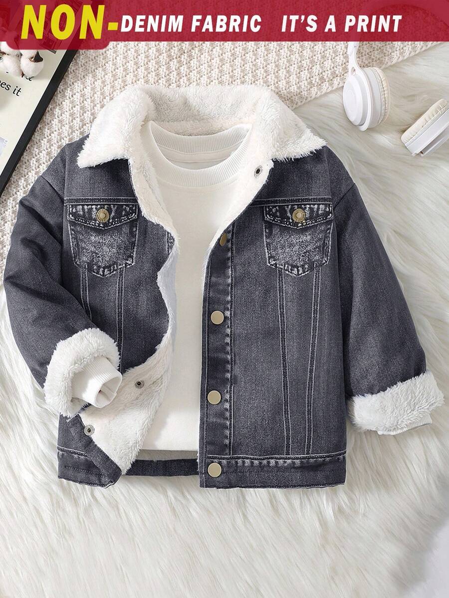 SHEIN Baby Boys Casual Cute Denim Printed Thermal Lined Long Sleeve Collared Jacket, Suitable For Outings, School, Daily Gatherings, Autumn/Winter Fall - Black and White - View 1