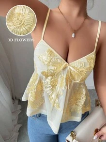 Selianne 3D 网眼性感蝴蝶结吊带女式背心，夏季 - 杏色 - 查看 4