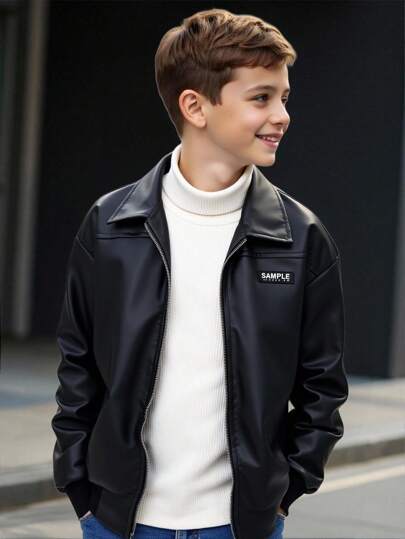 SHEIN Kids Tween Boys' Casual Everyday Versatile Comfortable PU Collar Open Front Loose Fit Thicker Long Sleeve Jacket Suitable For Birthday Parties, Evening Parties, Performances, Weddings, Baptisms, Opening Ceremonies Daily Suitable For Daily Use Suitable For School Suitable For Travel Suitable For Sports Suitable For Autumn And Winter Boys Leather Jacket Teen Boys Jacket Kids Leather Jacket Boys Black Jacket Bomber Jacket Boys Fall