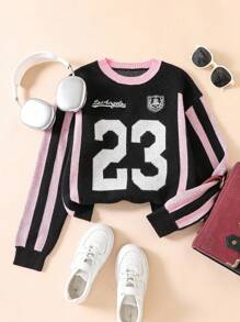 Girls' Jacquard Color Block Crew Neck Long Sleeve Knit Sweater, Size 23 - Black - View 4