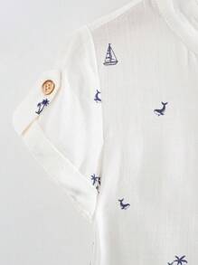 Cozy Pixies 2pcs/Set Toddler Boy Cartoon Coconut Tree Pattern Stand Collar Short Sleeve Snap Front Top And Solid Elastic Waist Shorts Set