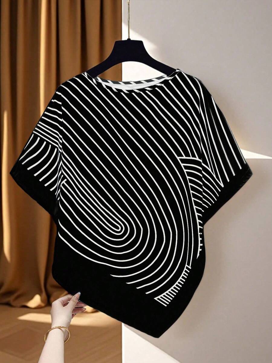 Franclia Asymmetrical Hem Casual Commuter Minimalist Women Blouse, Spring/Summer - Black and White - View 1