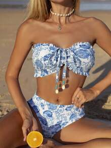 Swim Vcay 2 pezzi set da bagno da donna con stampe di vita marina e conchiglie, tessuto texturizzato, volant