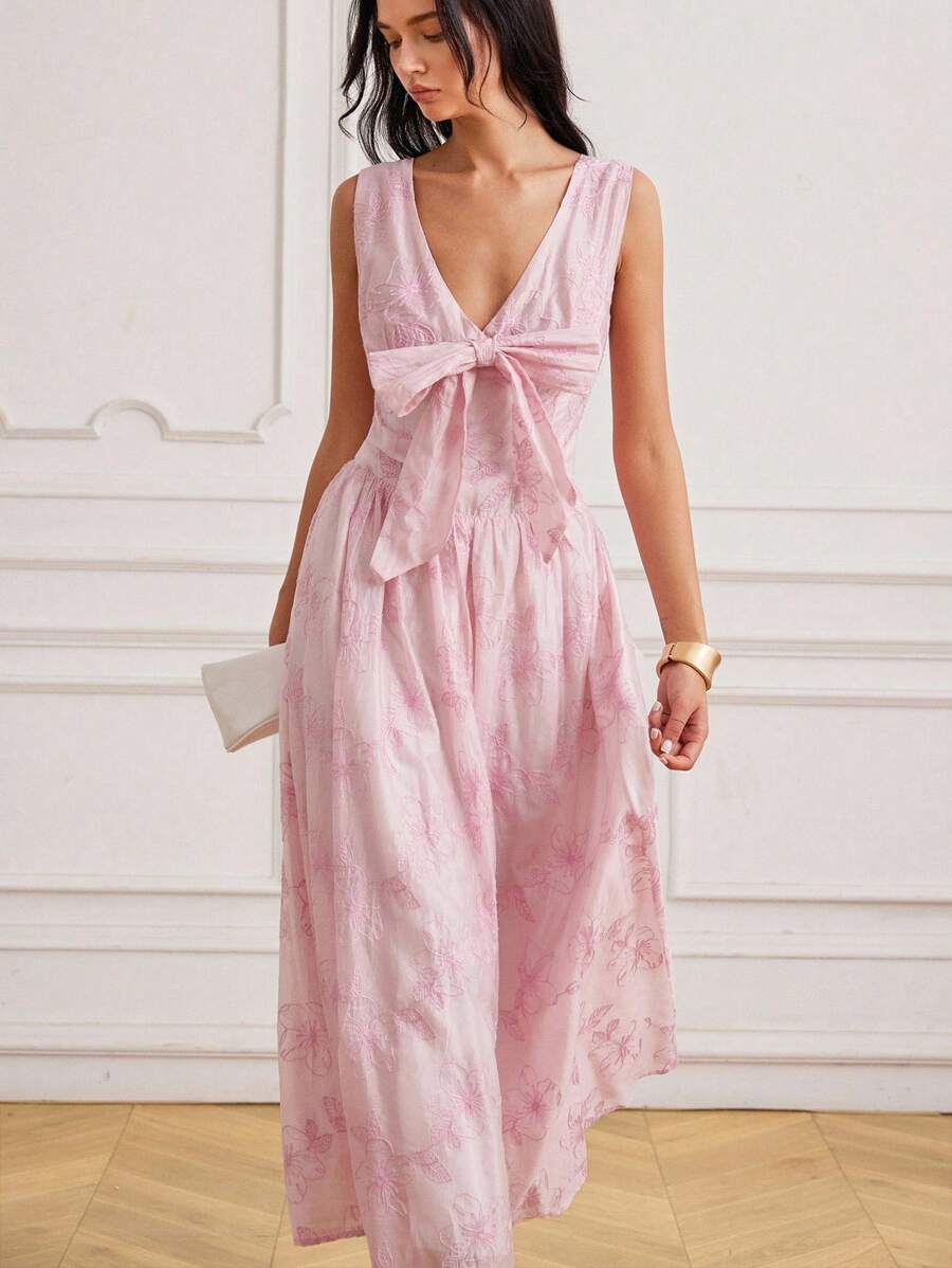 Aveloria Rosie 法式复古刺绣蝴蝶结无袖连衣裙 - 粉色 - 查看 1