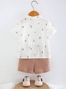 Cozy Pixies 2pcs/Set Toddler Boy Cartoon Coconut Tree Pattern Stand Collar Short Sleeve Snap Front Top And Solid Elastic Waist Shorts Set