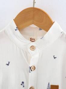 Cozy Pixies 2pcs/Set Toddler Boy Cartoon Coconut Tree Pattern Stand Collar Short Sleeve Snap Front Top And Solid Elastic Waist Shorts Set