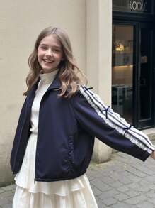 Tween Girls Fashion Sweet Side Ribbon Bow Long Sleeve Zip-Up Jacket, Suitable For Spring/Autumn Fall Winter