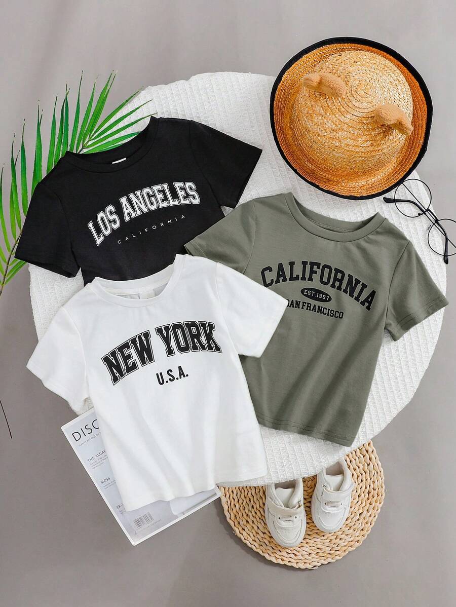 SHEIN 3件套男婴字母图案针织柔软圆领短袖套头衫套装