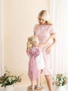 Vestido sin mangas para bebé niña con cuello de malla bordado de color liso tejido - Rosa - Ver 5