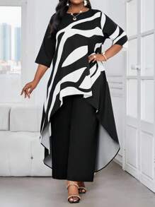 SHEIN Lady Bộ quần áo 2 món cỡ lớn 2025 dành cho nữ, mặc đi làm, đi chơi, công sở, in họa tiết màu tương phản, viền áo bất đối xứng, trang phục nghỉ dưỡng mùa hè thanh lịch dành cho nữ, cỡ lớn, bộ 2 món thời trang thu đông cho nữ - Đen và trắng - Xem 5