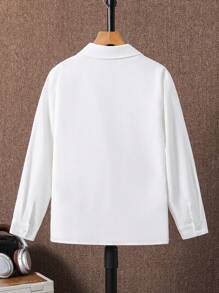 SHEIN 青少年男孩休闲日常百搭舒适印花翻领宽松长袖梭织纯色衬衫 - 白色 - 查看 2