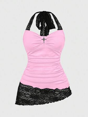 Lace Patchwork Asymmetrical Hem Lace Trim Halter Tie-Up Waist Women Top