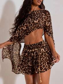 Opulessa Women's Woven Animals Printed Loose Cropped Shirt & A-Line Skirt Set, Holiday Outfits, Summer Outfits Vacation Leopard Print Leopard Set Cheetah Print Brown Leopard Print ,Two Piece Set Cheetah Print, New Casual Vacation Western, Patrick's Day Spring Break Easter Music Festival Elegant Bohemian Tropical Halter Neck Knit Asymmetrical Necks& Flared Sleeved Blouse And Shorts Set,For Autumn And Winter