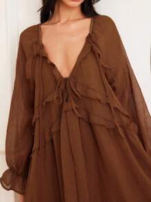 Aveloria Rosie Váy dài tay voan xếp nếp thanh lịch, viền xếp nếp nhiều lớp, phong cách Châu Âu tinh tế, váy xòe bồng bềnh như công chúa, váy chiffon thoải mái, phong cách nữ thần bãi biển - màu nâu - Xem 5