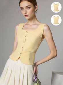 Teen Girls Elegant Casual Commuting Daily Slim Fit Sleeveless Light Yellow Jacket, Spring & Autumn