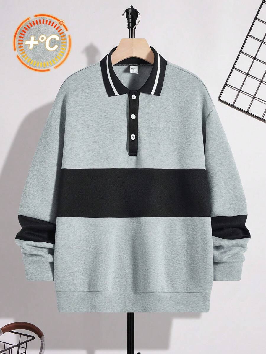 SHEIN 青少年男童休闲日常舒适撞色拼接Polo领半拉链针织卫衣，适合儿童服装、幼儿男童服装、返校季男童套装，适合生日派对、晚宴、演出、婚礼、洗礼、开幕式等场合，日常穿着舒适，适合上学、旅行、运动，厚绒面料，适合秋冬季返校季青少年服装及秋季穿搭。 - 彩色 - 查看 1