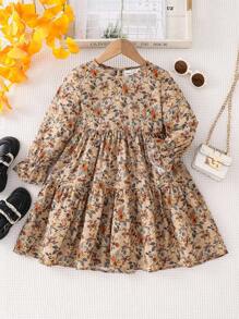 Emery Rose Kids Emery Rose Kids 年轻女孩年轻女孩双胞胎女孩碎花圆领泡泡袖修身休闲蛋糕 A 字连衣裙，秋冬新品，年轻女孩，妈妈 & 姐妹 & 我搭配。返校 - 卡其色 - 查看 3