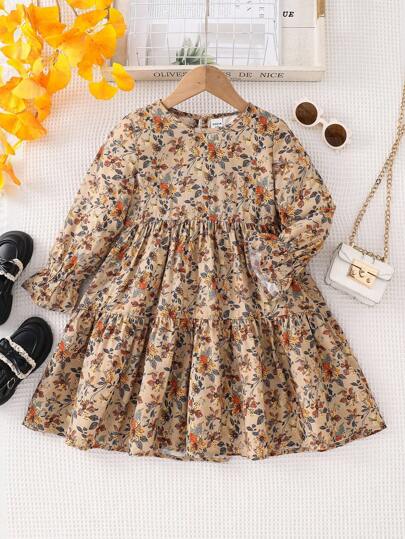 Emery Rose Kids Emery Rose Kids 年轻女孩年轻女孩双胞胎女孩碎花圆领泡泡袖修身休闲蛋糕 A 字连衣裙，秋冬新品，年轻女孩，妈妈 & 姐妹 & 我搭配。返校