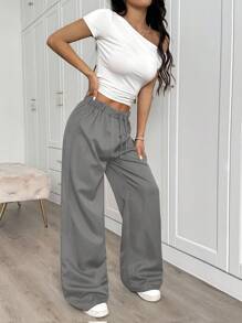 SHEIN EZwear Plus Size Women's Solid Color Self-Tie Waist Straight Leg Casual Pants