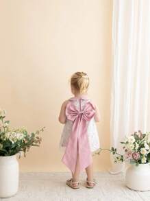 Vestido sin mangas para bebé niña con cuello de malla bordado de color liso tejido - Rosa - Ver 2