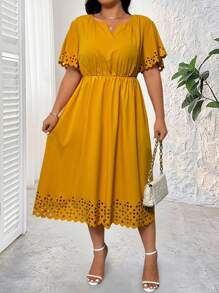 EMERY ROSE Váy chữ A tay ngắn khoét rỗng cỡ lớn thường ngày, màu trơn, mùa hè - Màu vàng - Xem 3