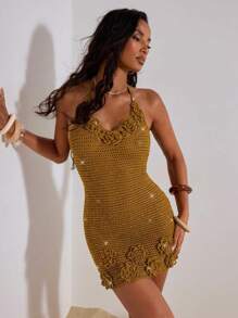 Opulessa Vestido de suéter de punto con adorno floral 3D, ajustado y con atar en el cuello para mujer