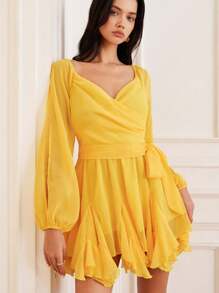 Aveloria 女式雪纺夸张不对称下摆镂空性感长袖连衣裙 - 黃色 - 查看 4