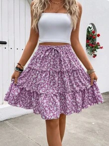 Breezaya 春夏假期碎花层叠荷叶边下摆迷你裙 - 紫色 - 查看 1