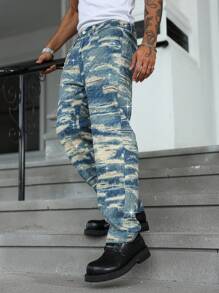 Manfinity EMRG Men's Fashion Street Style Distressed Print Slant Pocket Denim Jeans - Light Wash - View 5