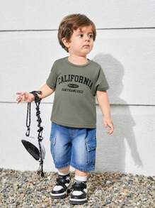 SHEIN 3件套男婴字母图案针织柔软圆领短袖套头衫套装