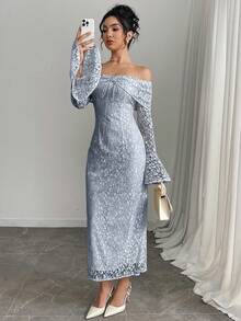 Modelyn Đầm midi trễ vai tay dài thanh lịch sang trọng gợi cảm cho nữ - Màu xanh nhạt - Xem 4