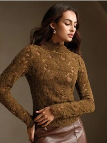 Anewsta 1 件女士纯色优雅长袖镂空弹力 T 恤 - 棕色 - 查看 6