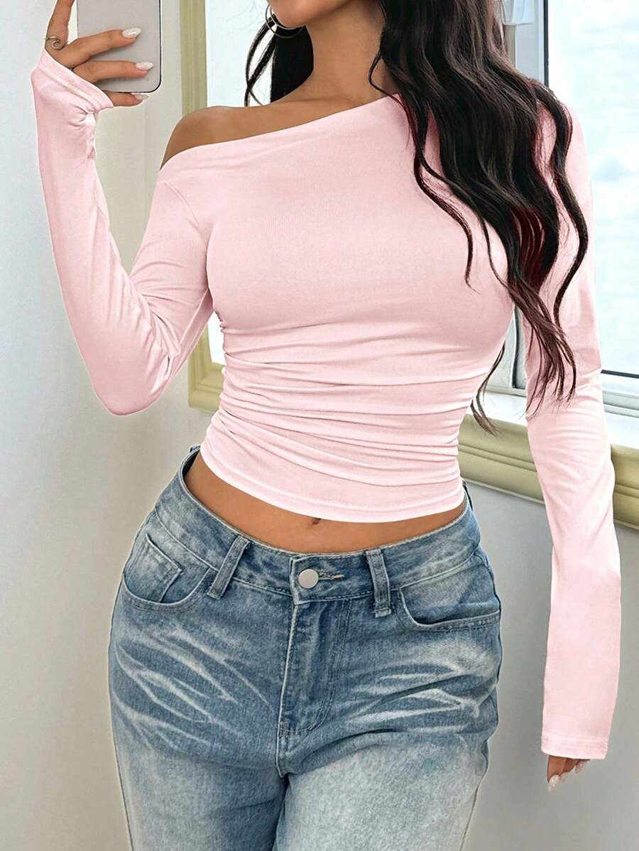 INAWLY 大码纯色不对称肩部镂空长袖T恤 - 粉色 - 查看 1