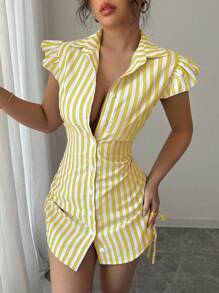 Selianne Váy sơ mi tay lỡ thắt eo kẻ sọc thanh lịch cho kỳ nghỉ - Màu vàng - Xem 7