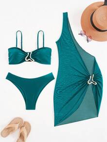 Swim SXY 3pcs Women's Retro Solid Black Asymmetric Swimsuit Set, Halter Top Swimsuit With Metal Embellishment And Beach Cover Up Dress, Sexy Beachwear For Summer Beach Vacation - Teal Blue - View 6