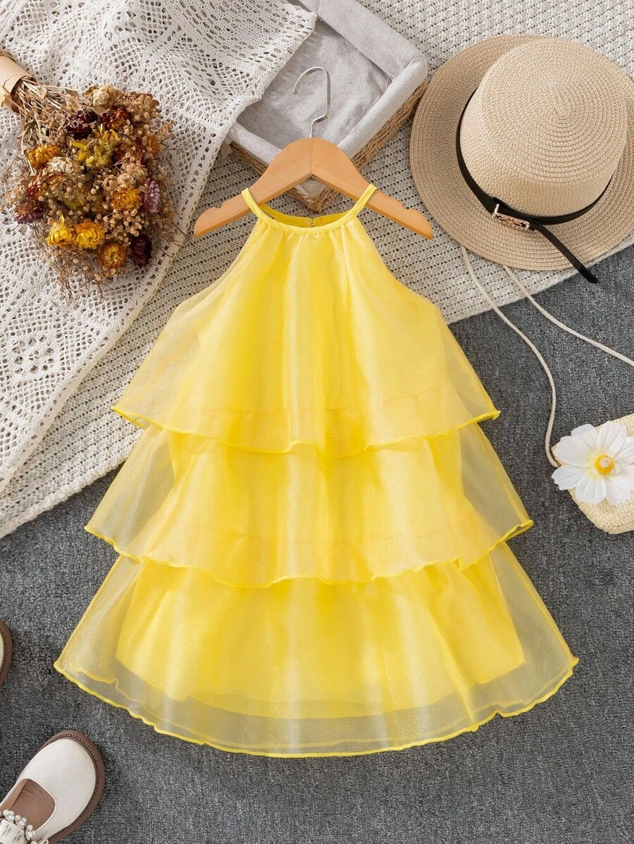 SHEIN 年轻女孩节日华丽派对宴会多层吊带背心连衣裙，节日，夏季，旅行 - 黃色 - 查看 1