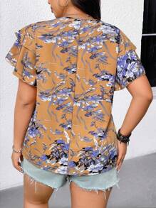 SHEIN Plus Size Women's Casual Loose Fashion Printed Ruffle Trim Blouse Shirt - Yellow - View 2
