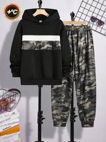 SHEIN 2 件青少年男孩休闲日常迷彩印花连帽运动衫和宽松慢跑裤套装 - 彩色 - 查看 7