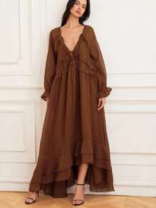 Aveloria Rosie Váy dài tay voan xếp nếp thanh lịch, viền xếp nếp nhiều lớp, phong cách Châu Âu tinh tế, váy xòe bồng bềnh như công chúa, váy chiffon thoải mái, phong cách nữ thần bãi biển - màu nâu - Xem 4