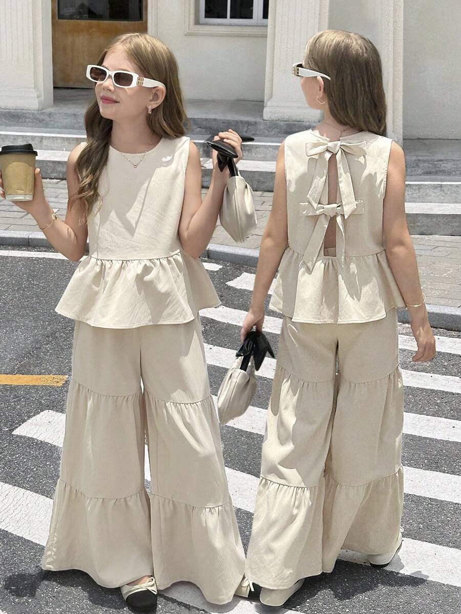 SHEIN 青少年女孩荷叶边下摆后系带蝴蝶结圆领无袖上衣和阔腿裤两件套，夏季休闲纯色 Kakki 色背心和裤子两件套