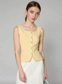 Teen Girls Elegant Casual Commuting Daily Slim Fit Sleeveless Light Yellow Jacket, Spring & Autumn