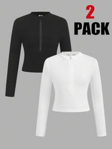 Filles préadolescentes 2 pièces/paquet T-shirt casual à col montant en tricot noir et blanc avec fermeture éclair avant, achetez-en 1 et obtenez-en 1 gratuitement, pour la rentrée scolaire, pour un port quotidien casual, hauts courts à manches longues pour préadolescentes, 2 paquets de hauts courts pour préadolescentes, Top court à manches longues pour filles, 2 paquets de hauts courts zippés pour filles, paquets de hauts courts, hauts serrés, hauts côtelés pour filles, 2 paquets de hauts serrés pour filles, hauts pour filles, hauts automne hiver