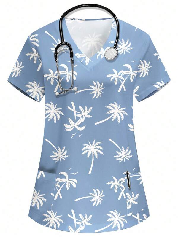 PopScrub Women's Blue V-Neck Short Sleeve Casual Double Pocket Coconut Tree Print Nurse/Doctor Uniform Tops, Solid Color Pet Grooming Uniform Tops, Nutritionist Workwear Short Sleeve, Lab Coat Multi-Pocket Functional Tops, Women's Summer Tops