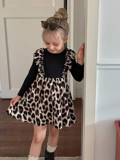 Emery Rose Kids Emery Rose Kids 年轻女孩的法式可爱针织二合一拼接学院风连衣裙，豹纹拼接荷叶边下摆长袖连衣裙，秋冬，荷叶边袖荷叶边下摆连衣裙。宽松休闲圆领长袖荷叶边下摆中长连衣裙，可爱动物图案，适合度假和学校日常装扮、姐妹装、母女搭配。适合万圣节。