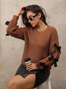 Elenzga 大码女式纯色针织圆领蝴蝶结镂空长袖休闲简约套头毛衣，适合秋冬季穿着