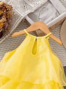 SHEIN 年轻女孩节日华丽派对宴会多层吊带背心连衣裙，节日，夏季，旅行 - 黃色 - 查看 3