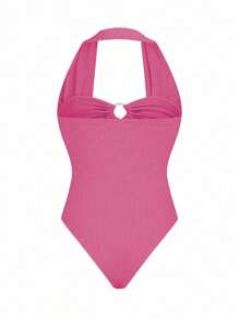 Elenzga 法国奶油黄色纹理条纹夏季甜辣别致设计细肩带领口海滩度假露背紧身衣 - 玫紅色 - 查看 2