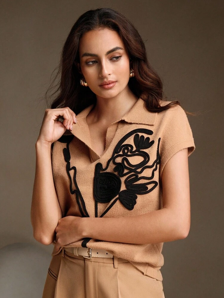 Gilet tricoté à col en V avec broderie de corde enveloppée moderne pour femmes Meralda